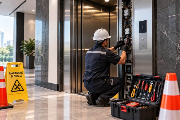 Técnico de Elevadores Baja Lift trabajando en el mantenimiento de un equipo