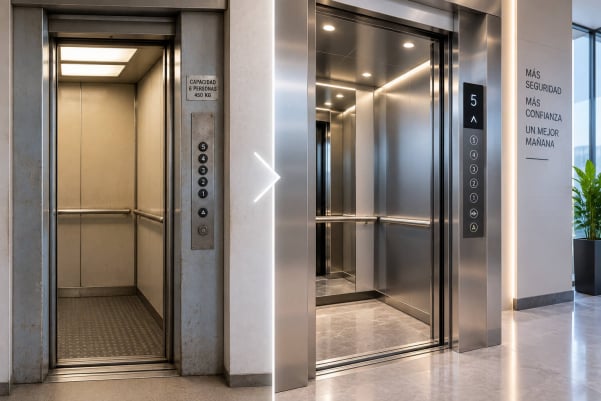 Cabina de elevador modernizada con acabados y botonera nuevos