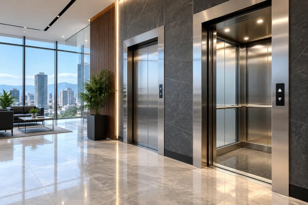 Elevador panorámico instalado en el vestíbulo de un edificio de oficinas