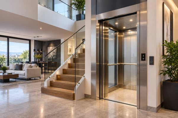 Elevador residencial junto a la escalera de una casa